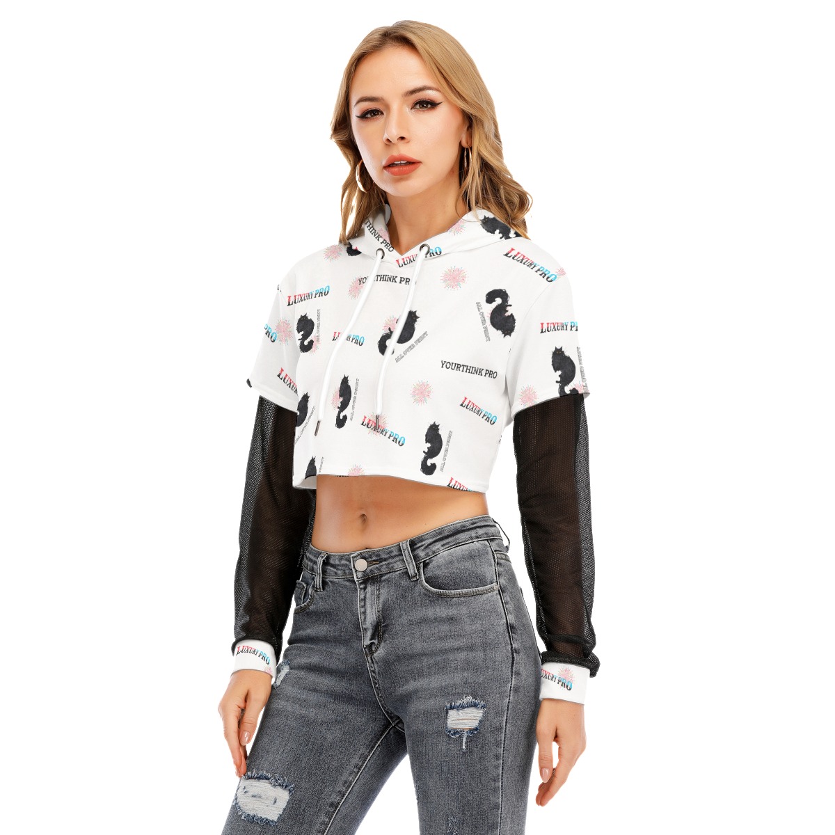 Women's Fake Two-piece Mesh Sleeve Cropped Hoodie