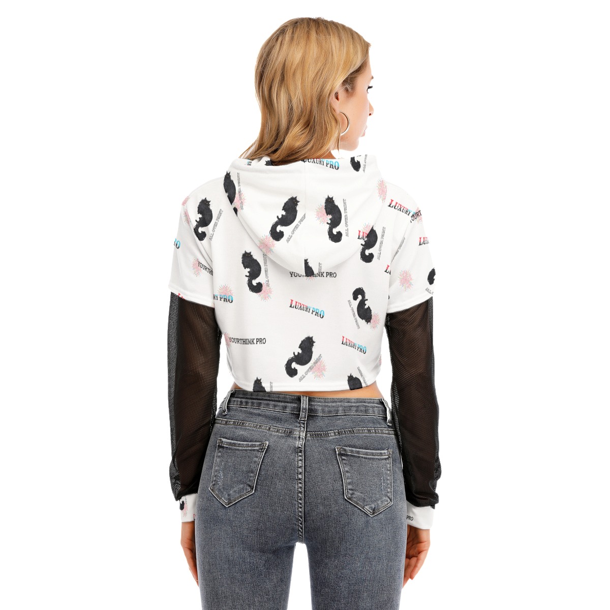 Women's Fake Two-piece Mesh Sleeve Cropped Hoodie