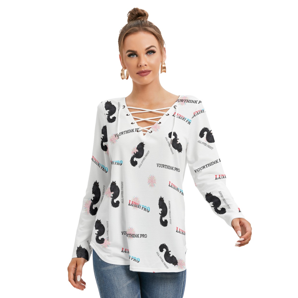 Women's Long Sleeve Neckline Tie Sweatshirt