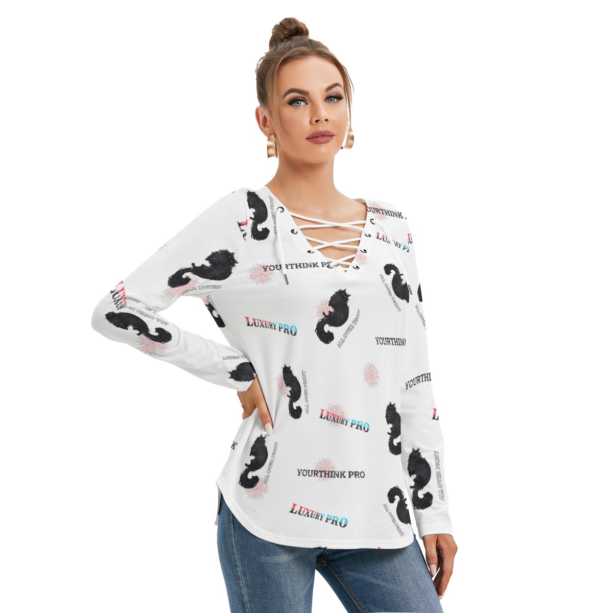 Women's Long Sleeve Neckline Tie Sweatshirt