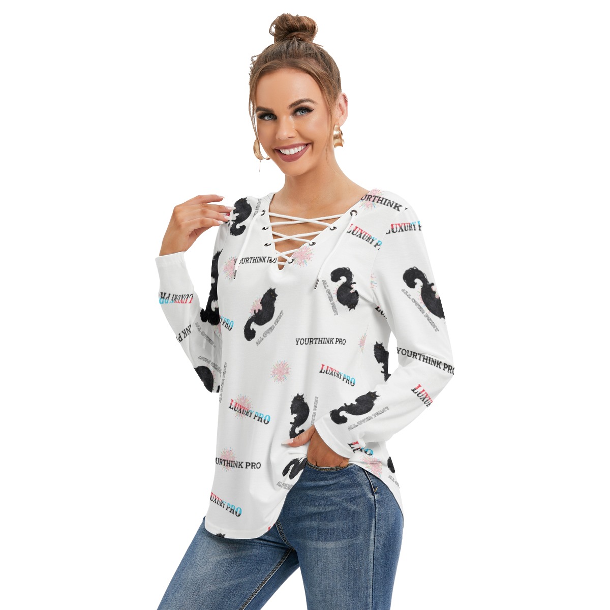 Women's Long Sleeve Neckline Tie Sweatshirt