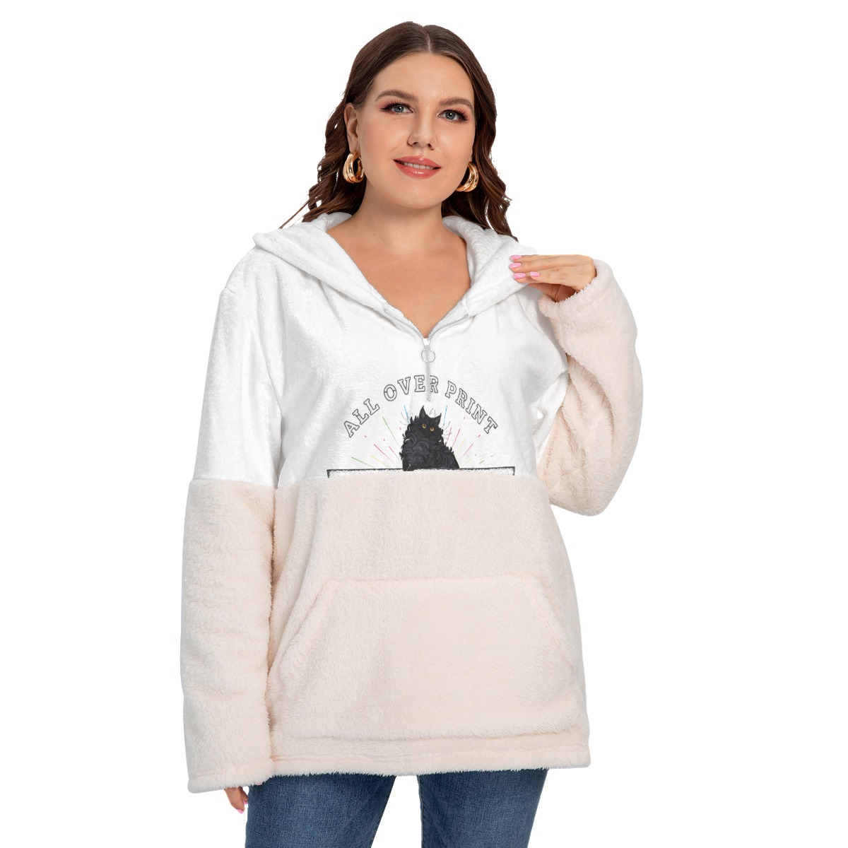 Women's Borg Fleece Hoodie With Half Zip (Plus Size)