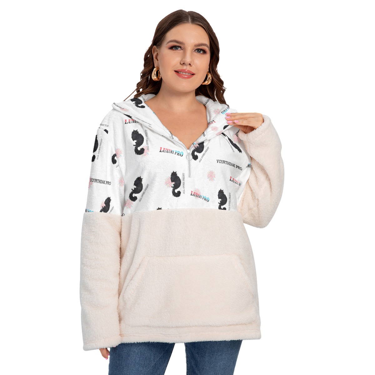 Women's Borg Fleece Hoodie With Half Zip (Plus Size)