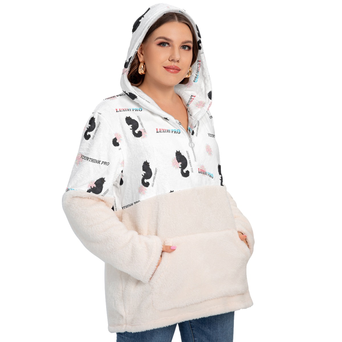 Women's Borg Fleece Hoodie With Half Zip (Plus Size)