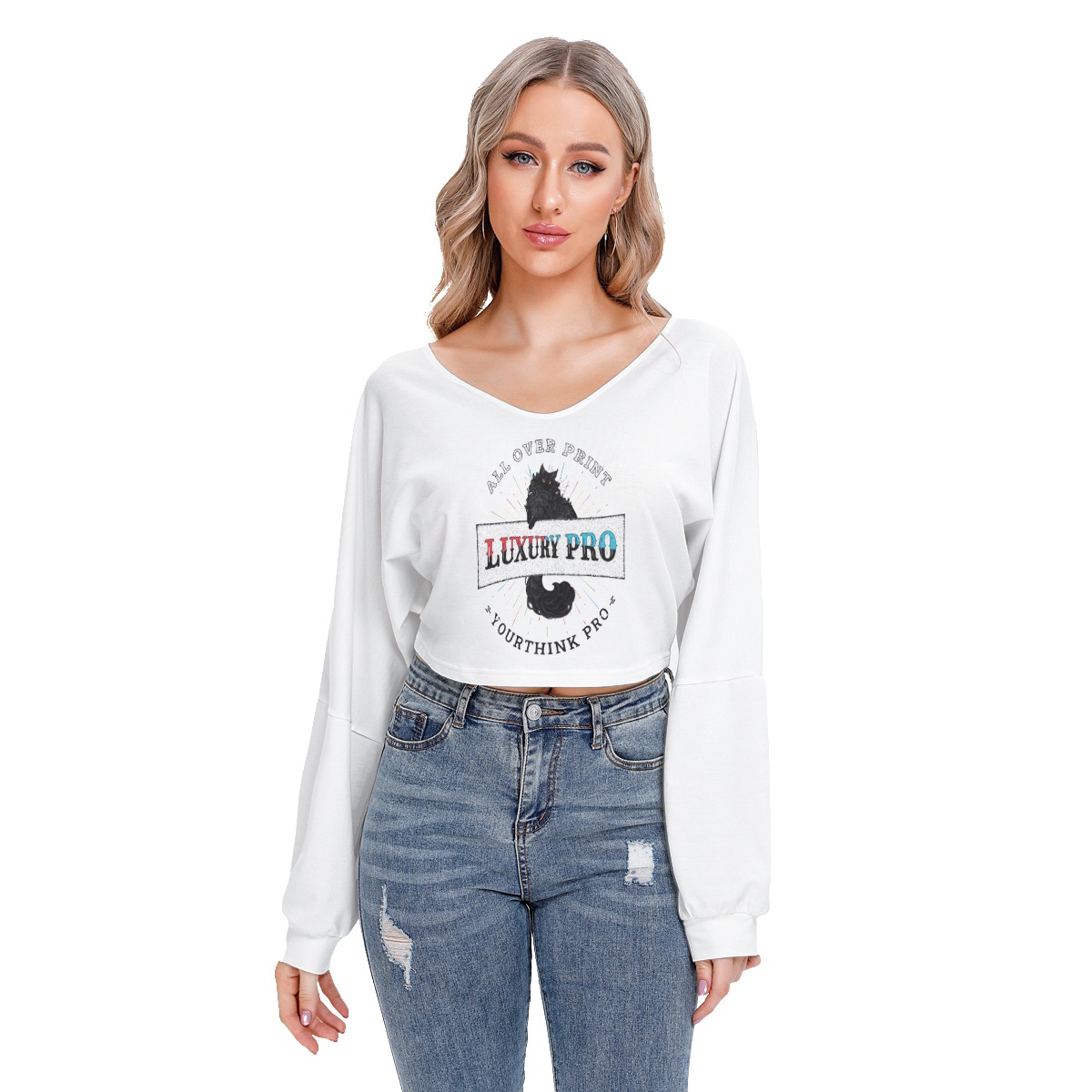 Women's V-neck Drop-shoulder Cropped Sweatshirt