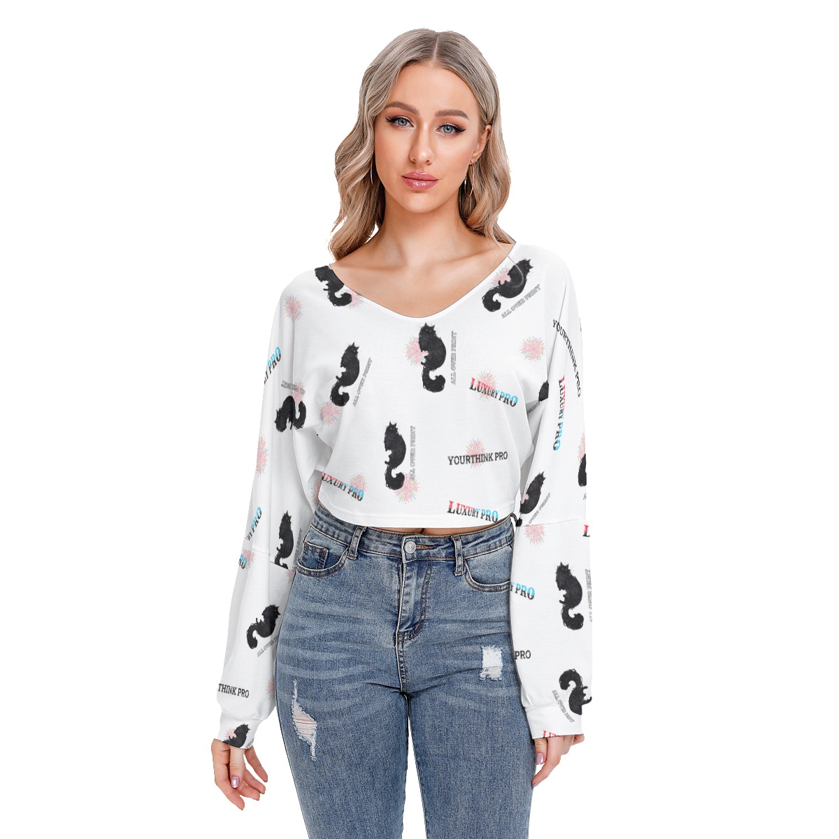 Women's V-neck Drop-shoulder Cropped Sweatshirt