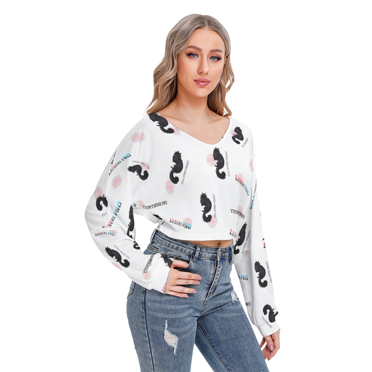 Women's V-neck Drop-shoulder Cropped Sweatshirt
