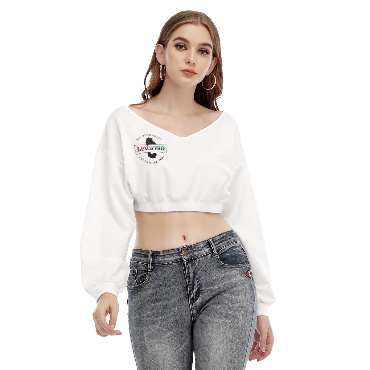 Women's V-neck Long Sleeve Cropped Sweatshirt