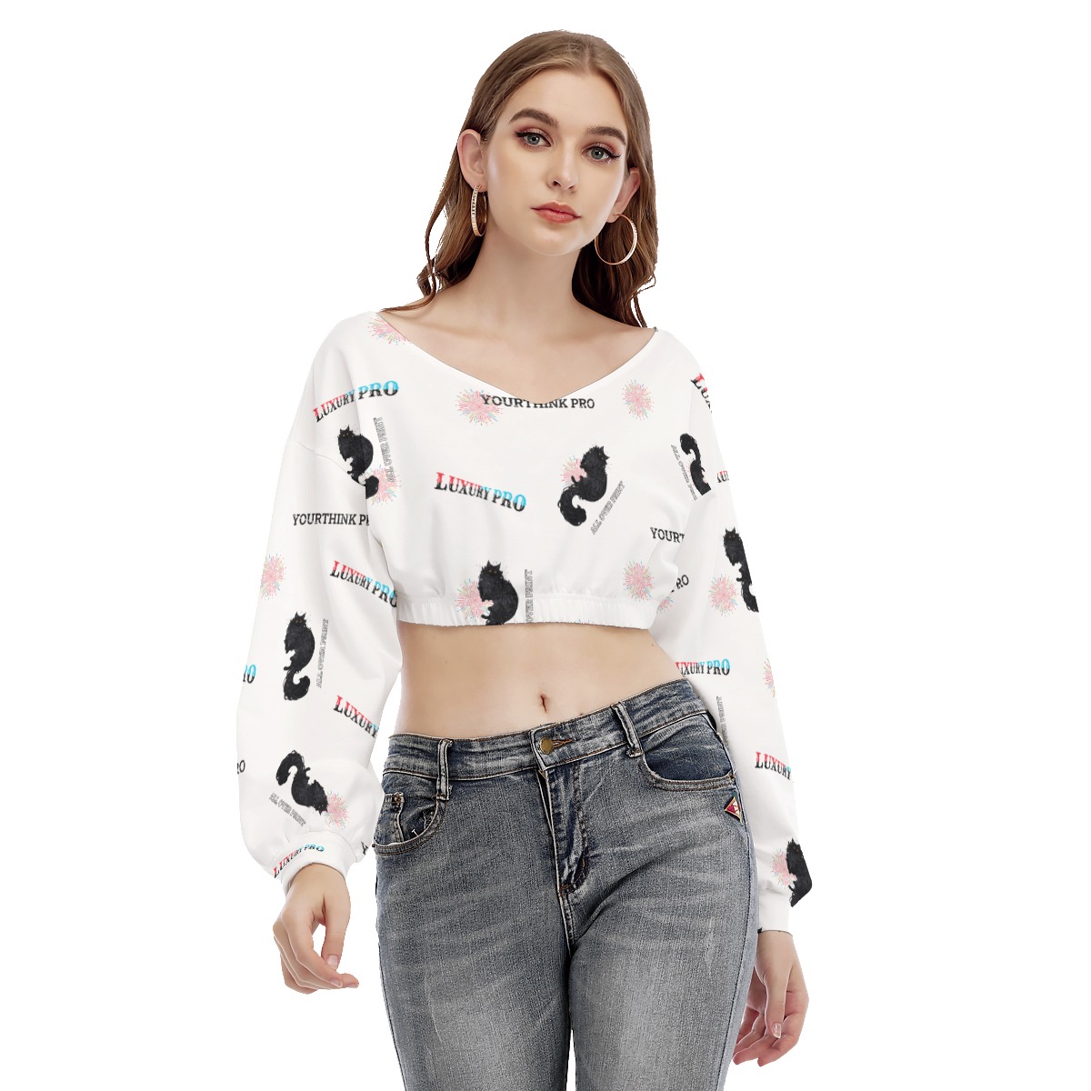 Women's V-neck Long Sleeve Cropped Sweatshirt