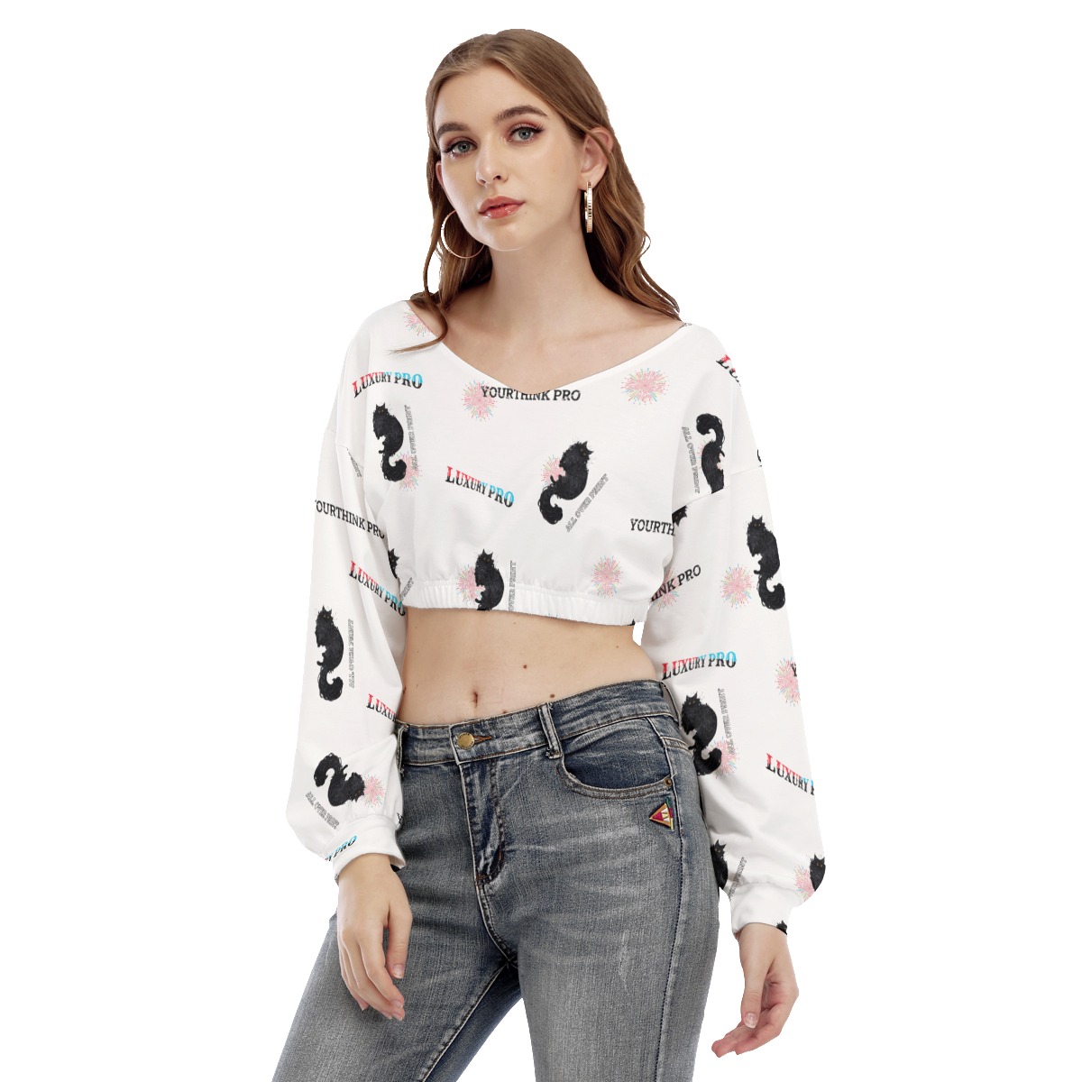 Women's V-neck Long Sleeve Cropped Sweatshirt