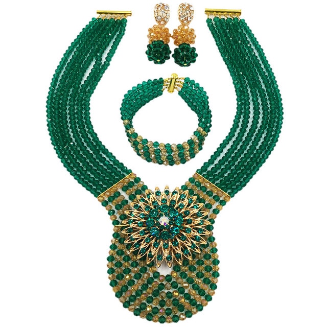 Army Green and Champagne Gold AB Nigerian Wedding African Beads Jewelry Set Crystal Jewelry Sets