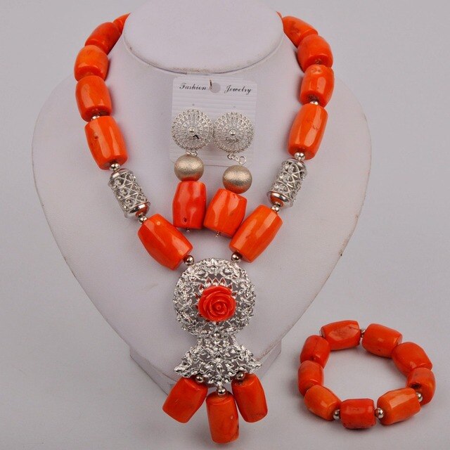 Orange Nigerian Coral Beads African Jewelry Set 2-18-D2
