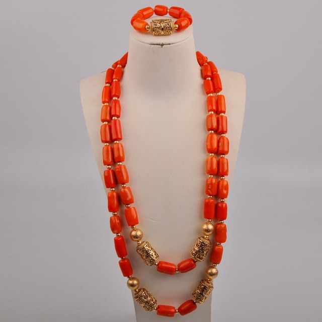 32inches Long Necklace Orange Nigerian Coral Beads Jewelry Set For Men African Jewelry Set Nigerian Wedding Groom Jewelry Sets