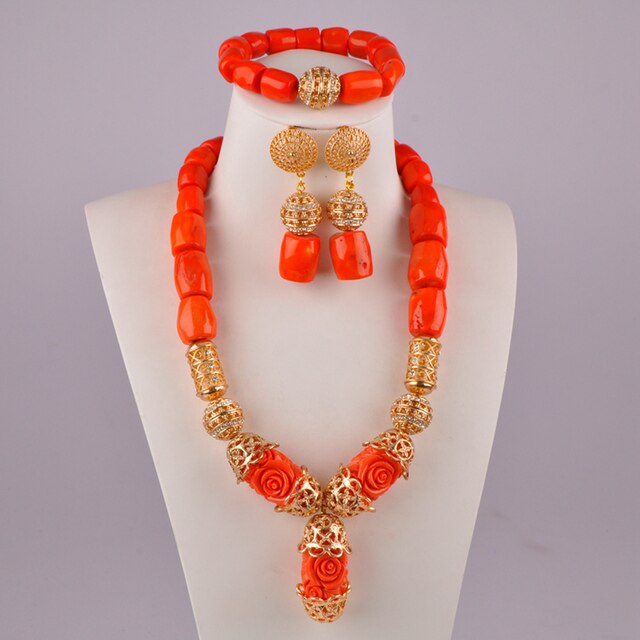 african beads set jewelry natural coral necklace orange coral jewelry set for nigerian wedding