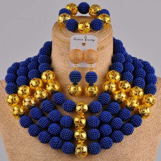 royal blue african beads jewelry set simulated pearl nigerian wedding necklace for women FZZ26
