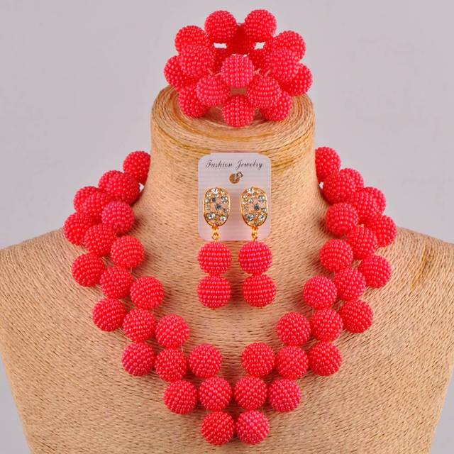 Fuchsia Pink Costume Necklace African Set Heart-shaped Nigerian Beads Jewelry Set for Women FZZ108