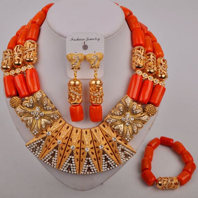 Orange Nigerian Wedding Coral Necklace African Beads Jewelry Set Dubai Gold Bridal Jewelry Sets for Women