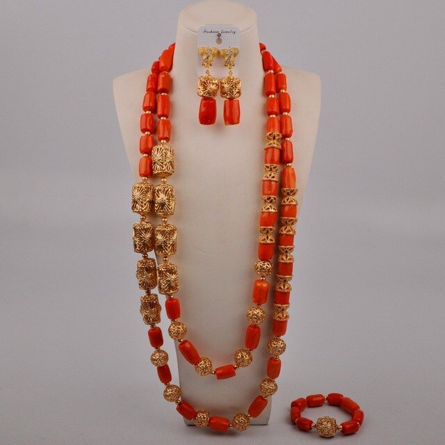 New Arrived Orange Nigerian Coral Beads Long Necklace for Men African Beads Jewelry Set Dubai Gold Bridal Set