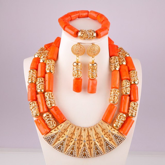 splendid orange nigeria coral beads necklace african jewelry set bridal wedding jewelry sets C21-23-01