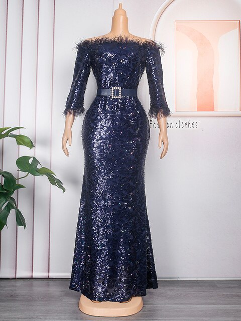 African Women Sexy Evening Dresses Plus Size Off Shoulder Luxury Sequin Mermaid Dress Wedding Party Bodycon Gown Birthday