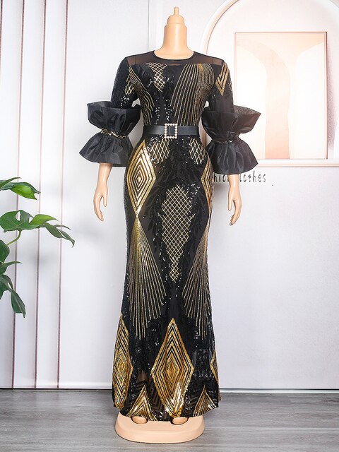 Elegant Women Luxury Evening Dresses African Ankara Sequin Gown Wedding Party Plus Size Maxi Dress Robe Africaine Femme 2023