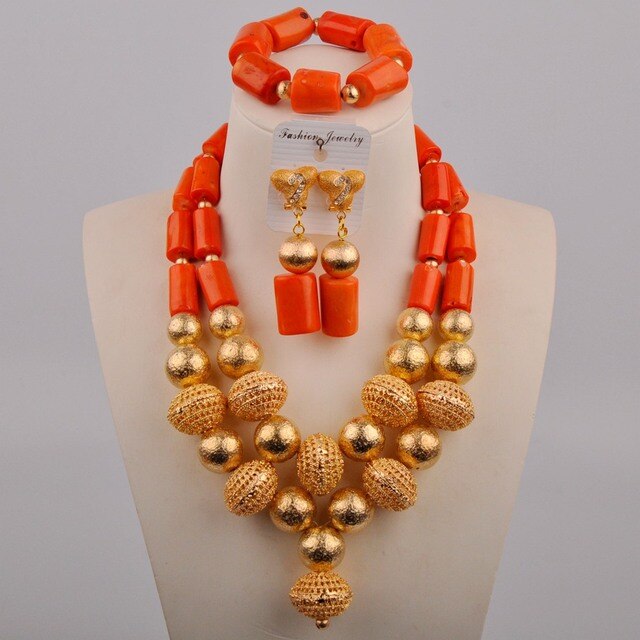 Nigerian Wedding African Beads Women Jewelry Set Red/ White/ Orange Real Coral Necklace Bracelet Earrings Fashion Jewelry