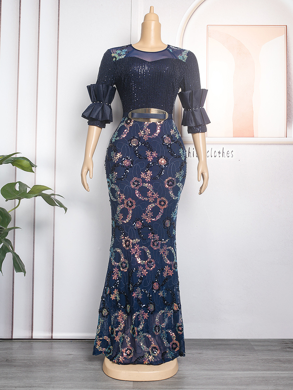 African Women Plus Size Evening Dresses Wedding Party Long Luxury Sequ