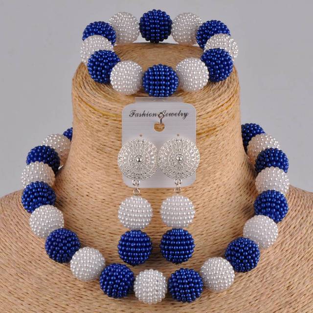 Latest African Beads Jewelry Set Royal Blue and White Simulated Pearl 