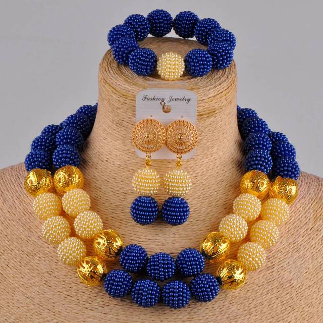 royal blue yellow african jewelry set simulated pearl nigerian beads wedding jewelry sets FZZ10