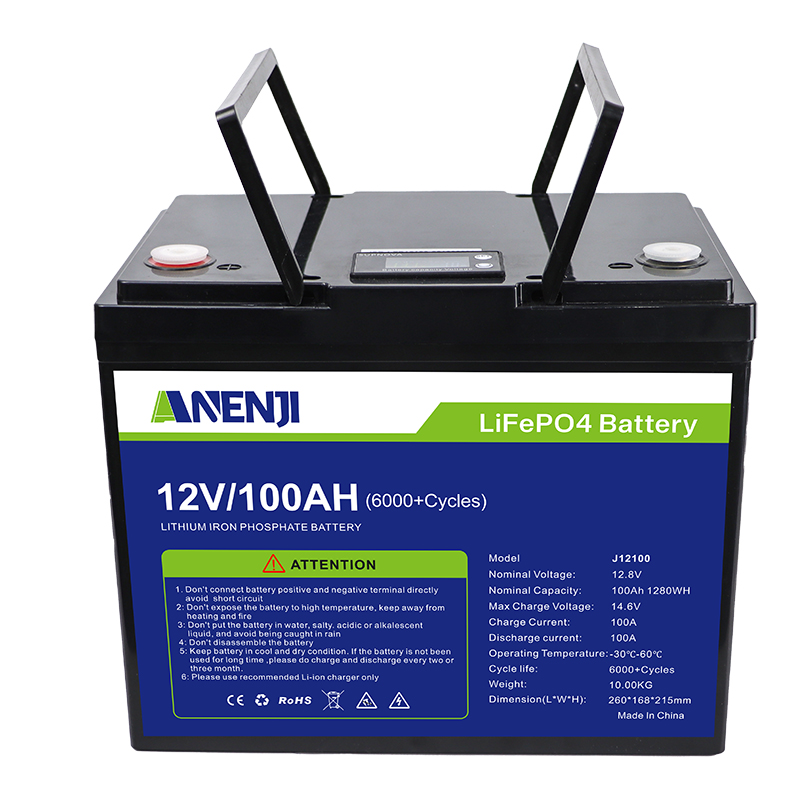 ANENJI 12V 100ah Lithium Iron Phosphate Battery Lifepo4 100ah 1.2KWH  Lifepo4 Battery Pack with LCD Display