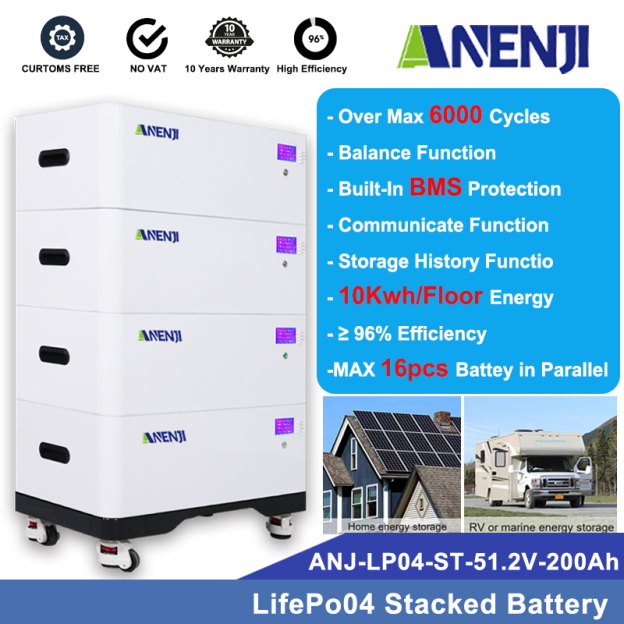 ANENJI 51.2V 200AH LiFePO4 10Kwh/20kwh/30kwh/40kwh Stackable Battery Built-in BMS-ANENJI