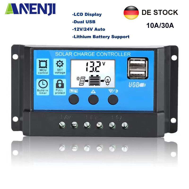 ANENJI 10A/30A Solar Charge Controller 12V/ 24V Solar Panel Regulator LCD Dual USB PWM with EU Warehouse-ANENJI