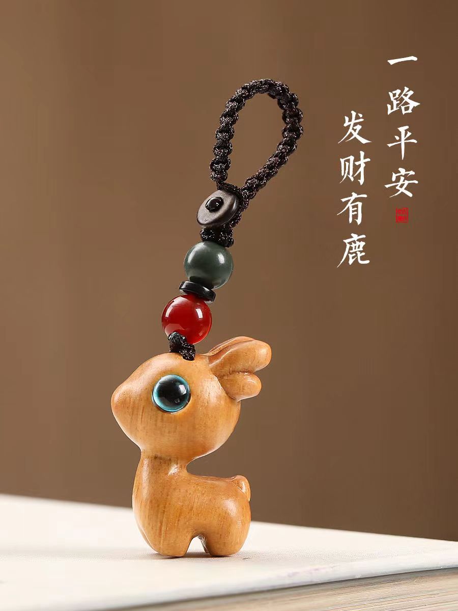 chinese green sandalwood wood carving keychain deer