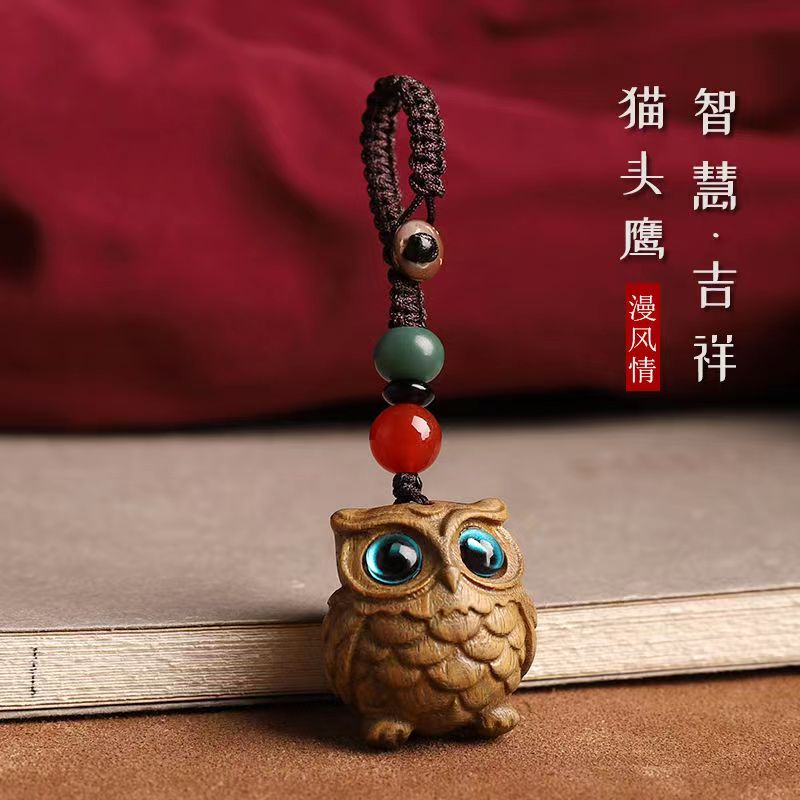 chinese green sandalwood wood carving keychain owl