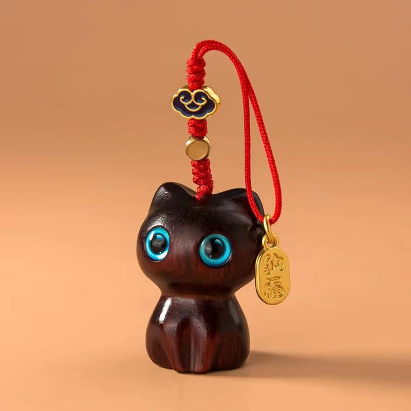 chinese black sandalwood wood carving keychain cat