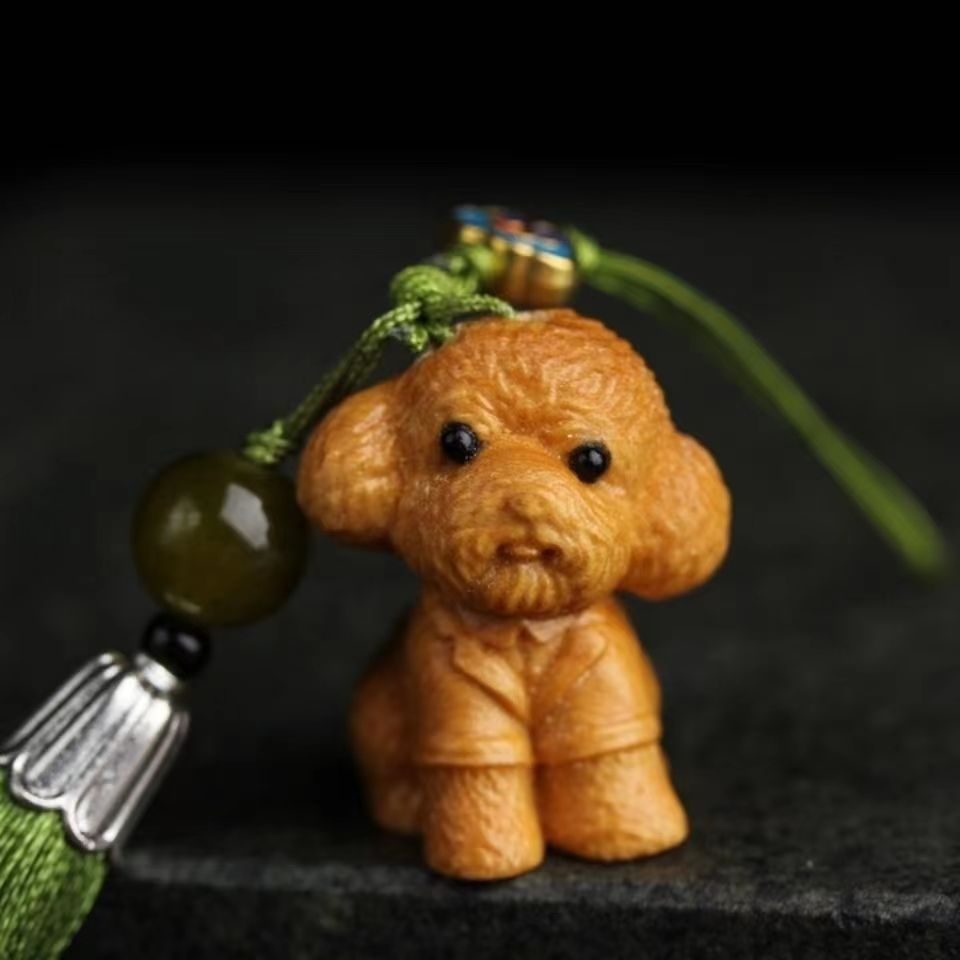 chinese cedarwood wood carving keychain toy poodle