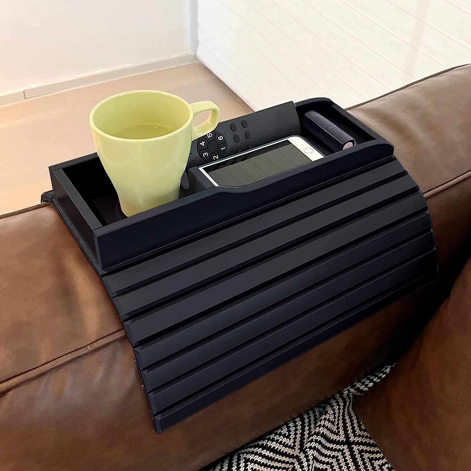 Bamboo Rustic Couch Snack Caddy,TV Tray Cup Holder with 2 Red Wine