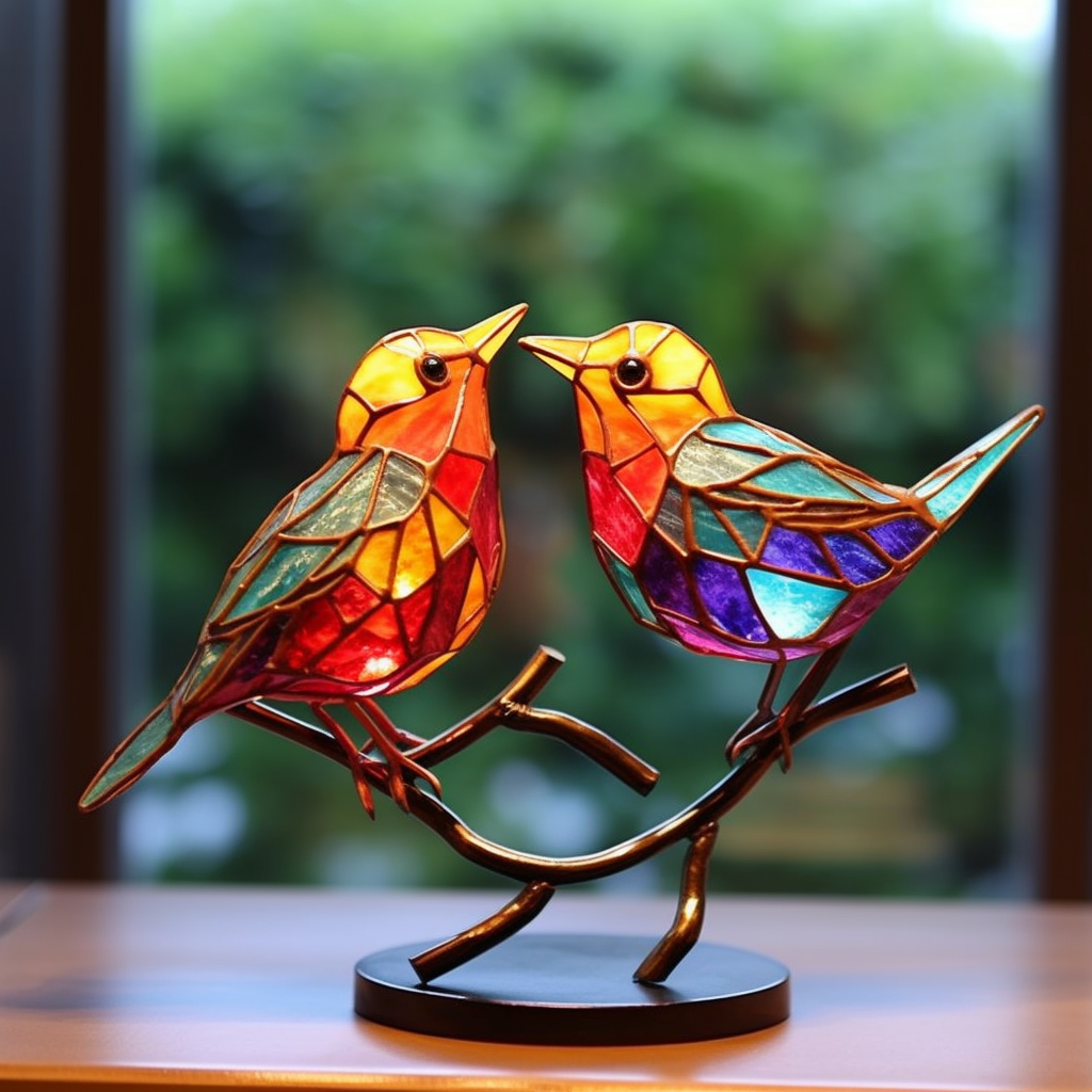 Stained Glass Birds on Branch Desktop Ornaments 