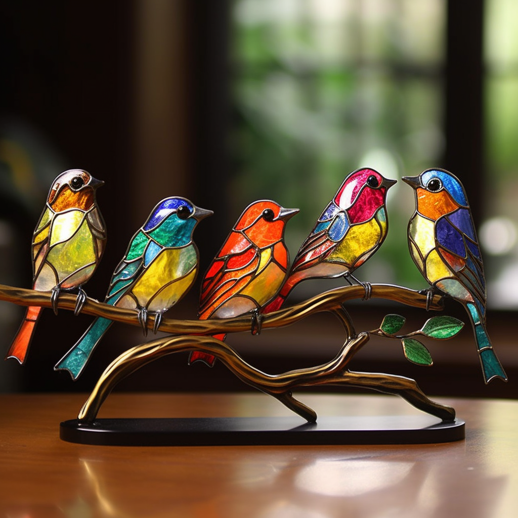 Stained Glass Birds on Branch Desktop Ornaments 