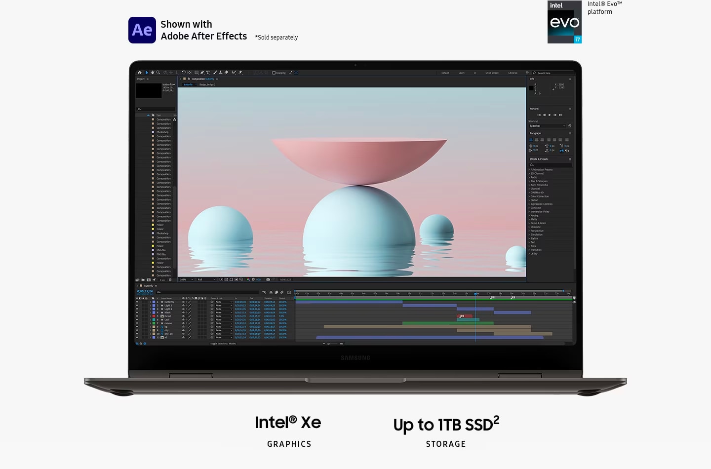 A graphite-colored Galaxy Book3 Pro 360 is opened, facing forward with Adobe After Effects opened onscreen. Above, Intel Evo i5 and Intel Evo i7 logos are shown. "Intel Xe Graphics. PCIe SSD STORAGE." Adobe After Effects logo is shown.