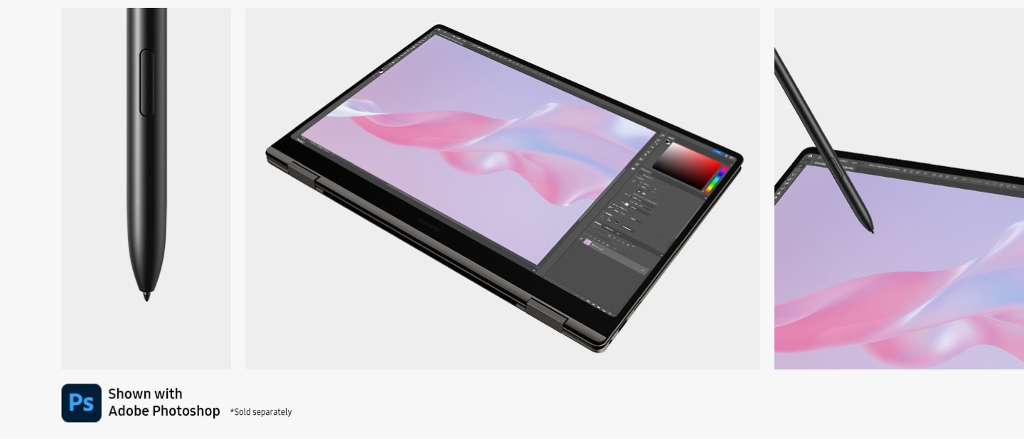 A close-up of the tip of the S Pen, a graphite-colored Galaxy Book3 Pro 360 folded in tablet mode with Adobe Photoshop opened onscreen and a close-up of a Galaxy Book3 Pro 360 with the S Pen touching the screen. Adobe Photoshop logo is shown.