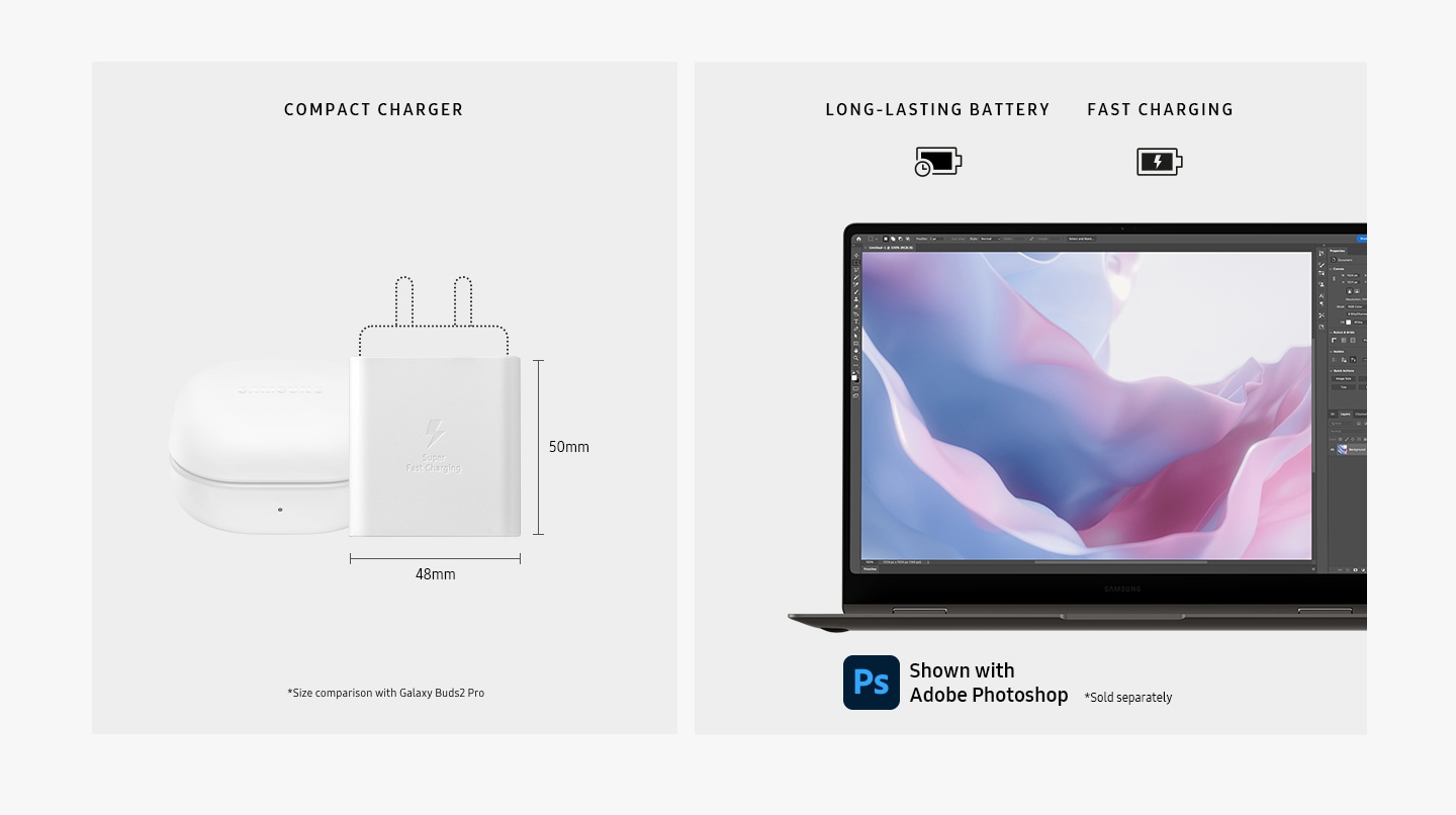 A Galaxy Book3 Pro 360 charger is placed next to a Galaxy Buds2 Pro case. The dimensions of the main body of the charger are 48mm horizontally and 50mm vertically. "COMPACT CHARGER". A graphite Galaxy Book3 Pro 360 is opened, facing forward with Adobe Photoshop opened onscreen. "LONG-LASTING BATTERY" and "FAST CHARGING" are shown. Adobe Photoshop logo is shown.