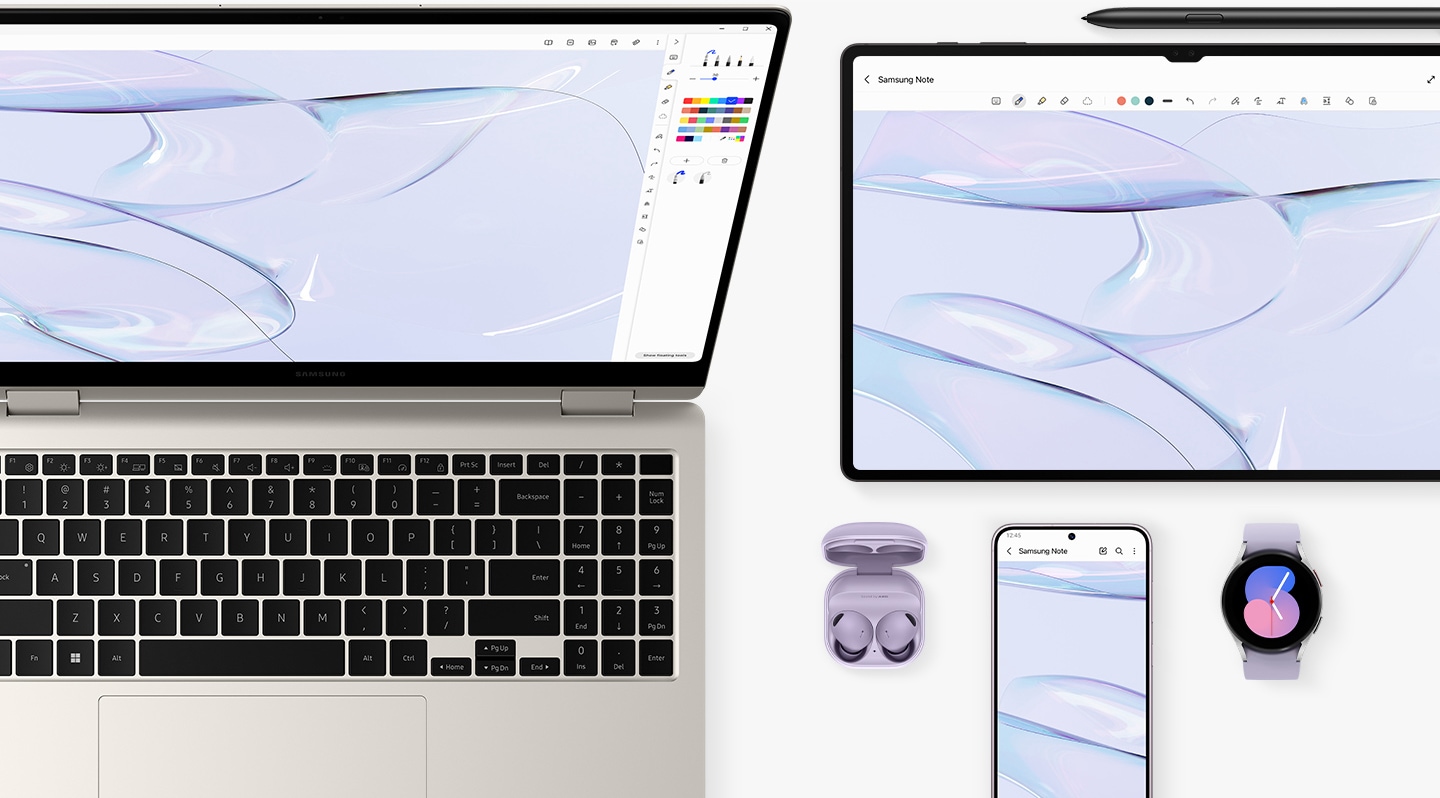 A top view of a Beige Galaxy Book3 Pro 360, opened and facing forward with Samsung Notes opened onscreen. A Galaxy Tab S8 Ultra with S Pen, Galaxy S23 Plus smartphone, Galaxy Watch5 Bora Purple and Galaxy Buds2 Pro Bora Purple are placed next to the laptop.