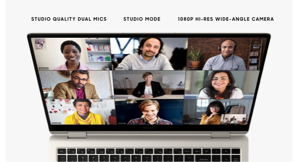 A top view of a beige-colored Galaxy Book3 Pro 360, opened and facing forward with Microsoft Teams application opened onscreen and several people shown in a video call. "2 STUDIO QUALITY MICS. STUDIO MODE. 1080P HI-RES WIDE-ANGLE CAMERA."