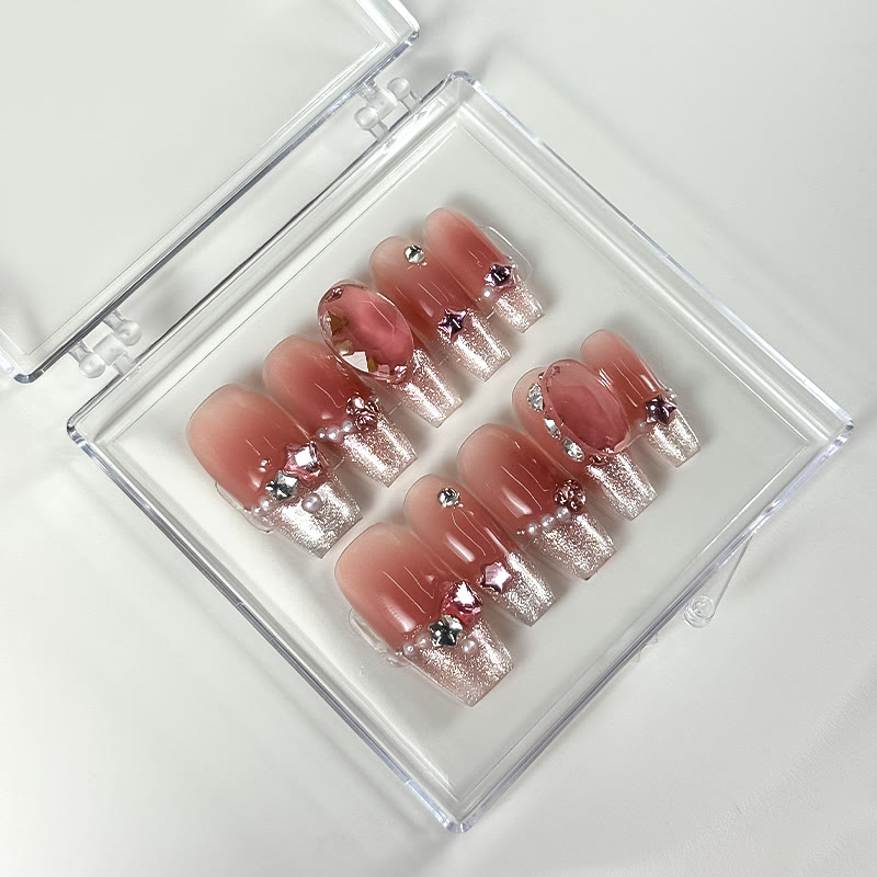 CAT EYE PEARL PINK DIAMOND PRESS-ON NAILS