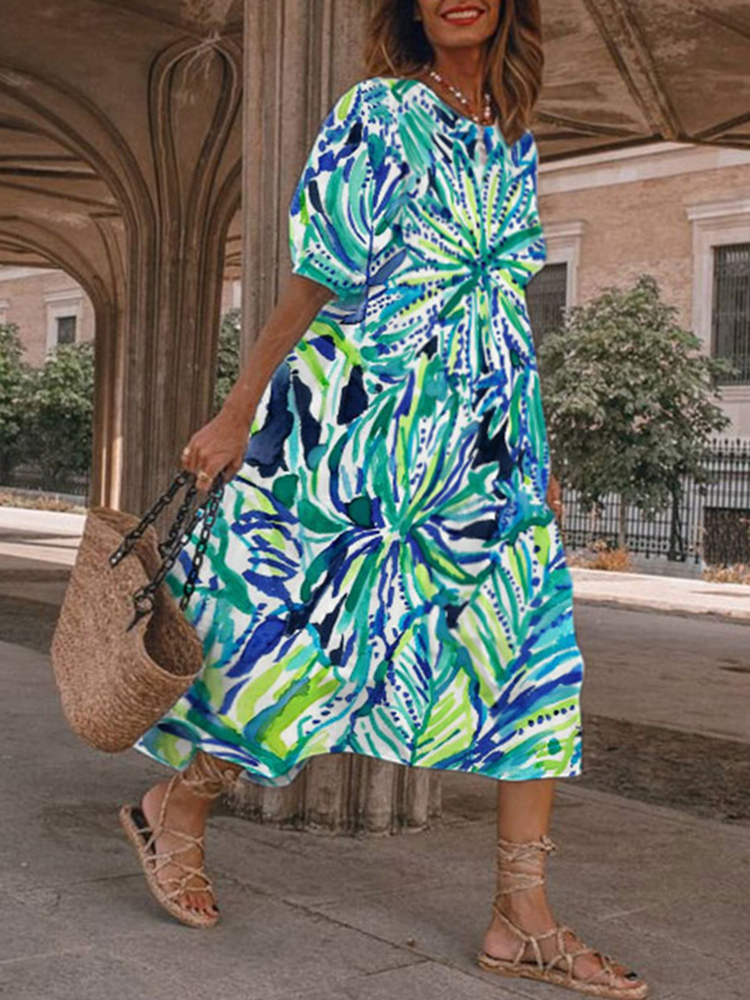 Comstylish Leaf Print Short Sleeve Midi Dress