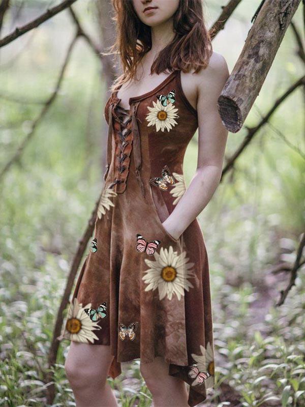 Women Butterfly Print Irregular Hem Strappy Dress
