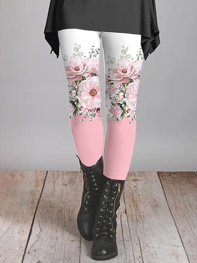Women's Leggings Transparent Pink milk white Fashion Soft Daily Vacation Full Length Thermal Warm Flower S M L XL 2XL