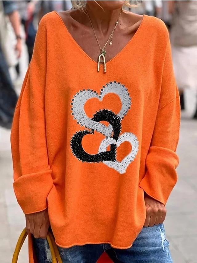 Women's Pullover Sweater Jumper Jumper Ribbed Knit Oversized Heart V Neck Stylish Casual Daily Going out Fall Winter Orange 1 Orange 3 S M L
