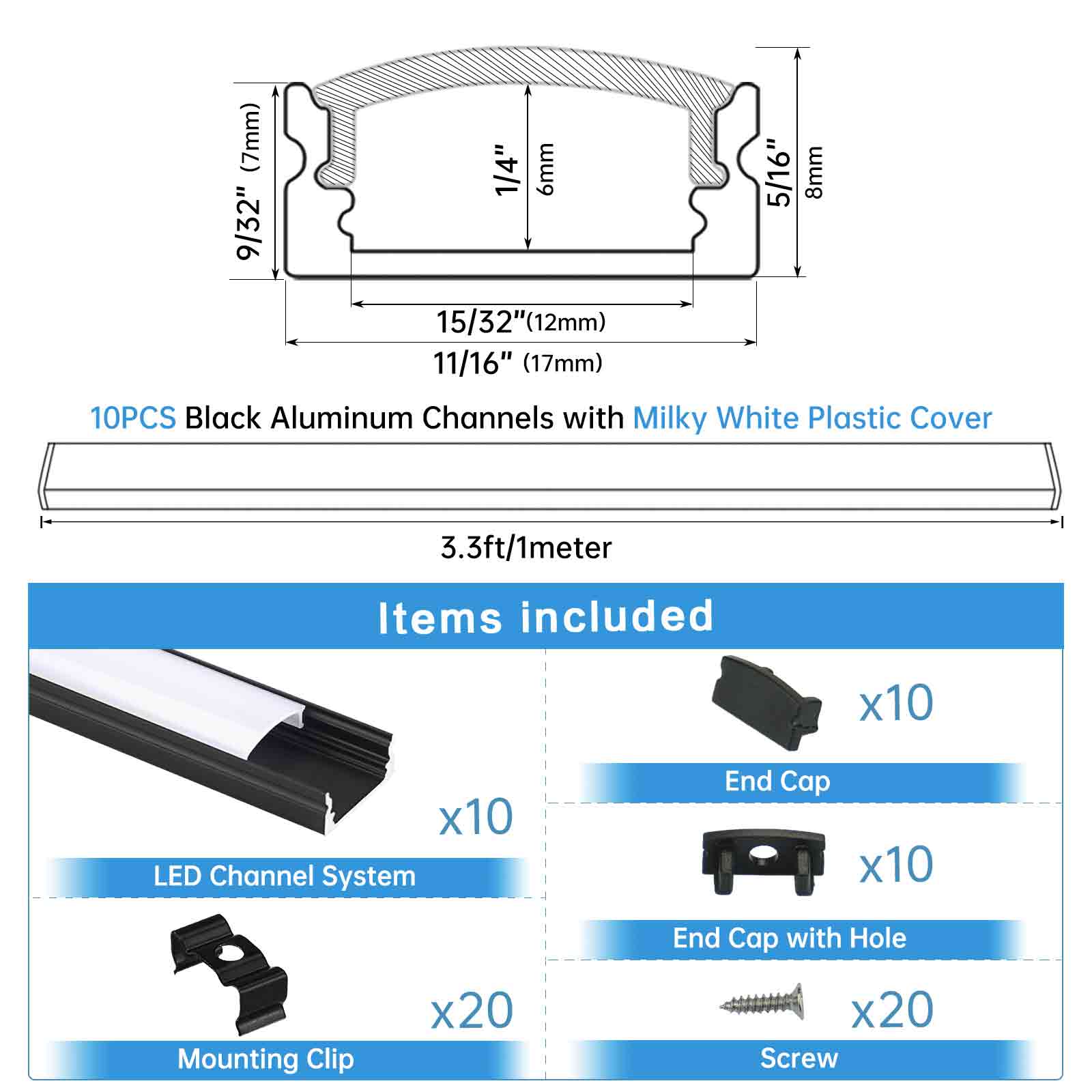 U-Shape Black LED Aluminum Channel System with Milky White Cover Lens | Muzata USA